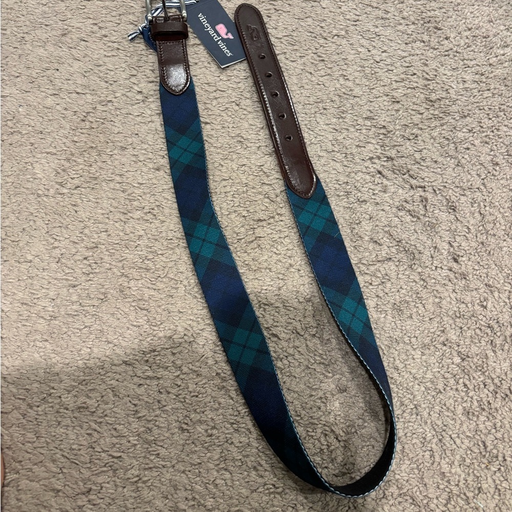 Vineyard Vines Belt Mens 36 Tartan Plaid Blue Green Leather Whale NEW